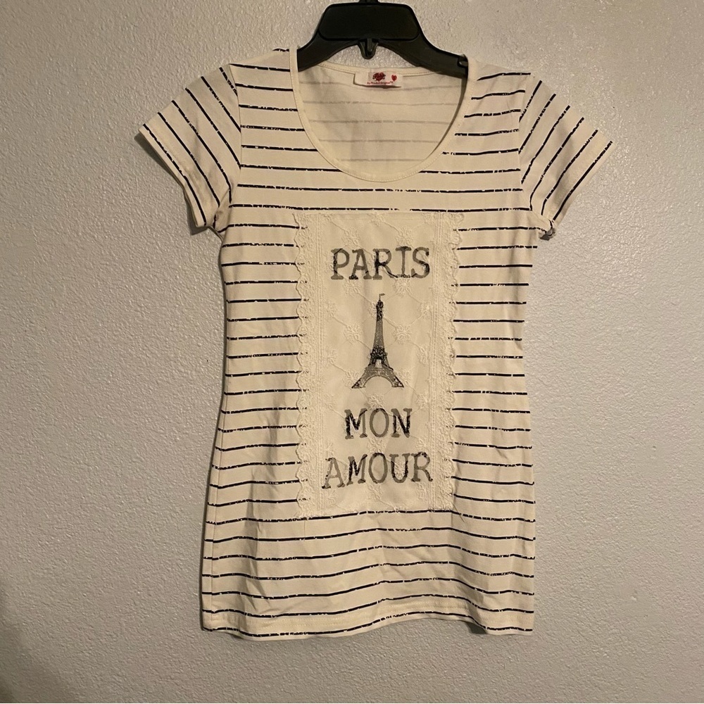 Paris Mon Amour Graphic Striped Tee Shirt In good condition and shape size S